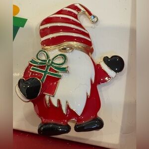 NEW Enamel Christmas Gnome Brooch Crystal Accent | Holiday Gift - Unisex